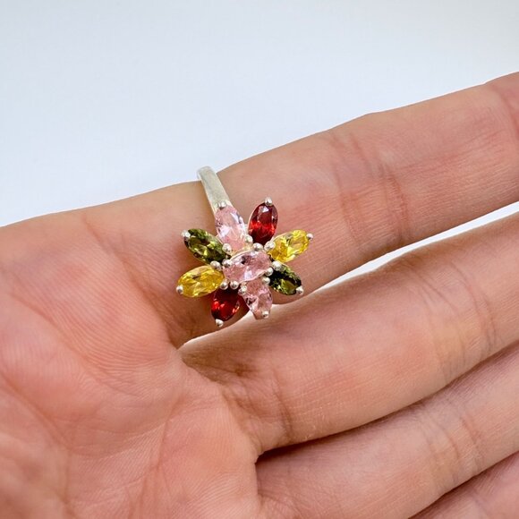 VTG Sterling Silver 925 Multi-Gemstone Flower Design Statement Ring Size 7 - Picture 4 of 8
